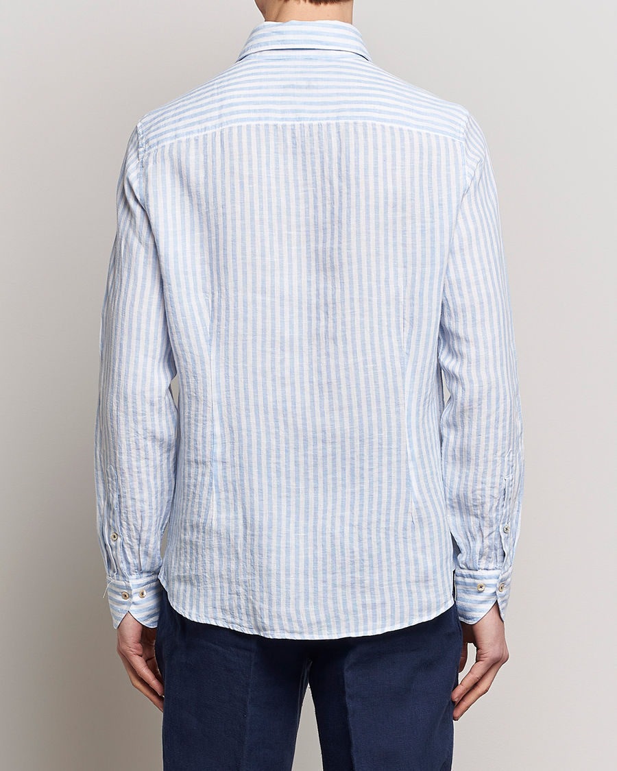 Heren | Overhemden | Stenströms | Slimline Cut Away Striped Linen Shirt Light Blue