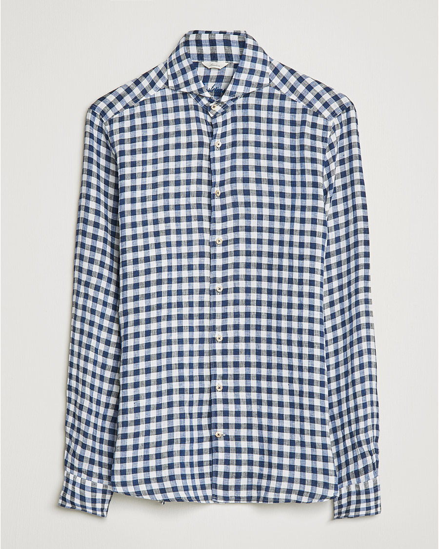 Heren | Overhemden | Stenströms | Slimline Cut Away Gingham Linen Shirt Blue