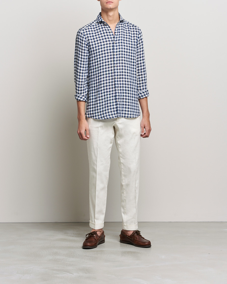 Heren | Overhemden | Stenströms | Slimline Cut Away Gingham Linen Shirt Blue
