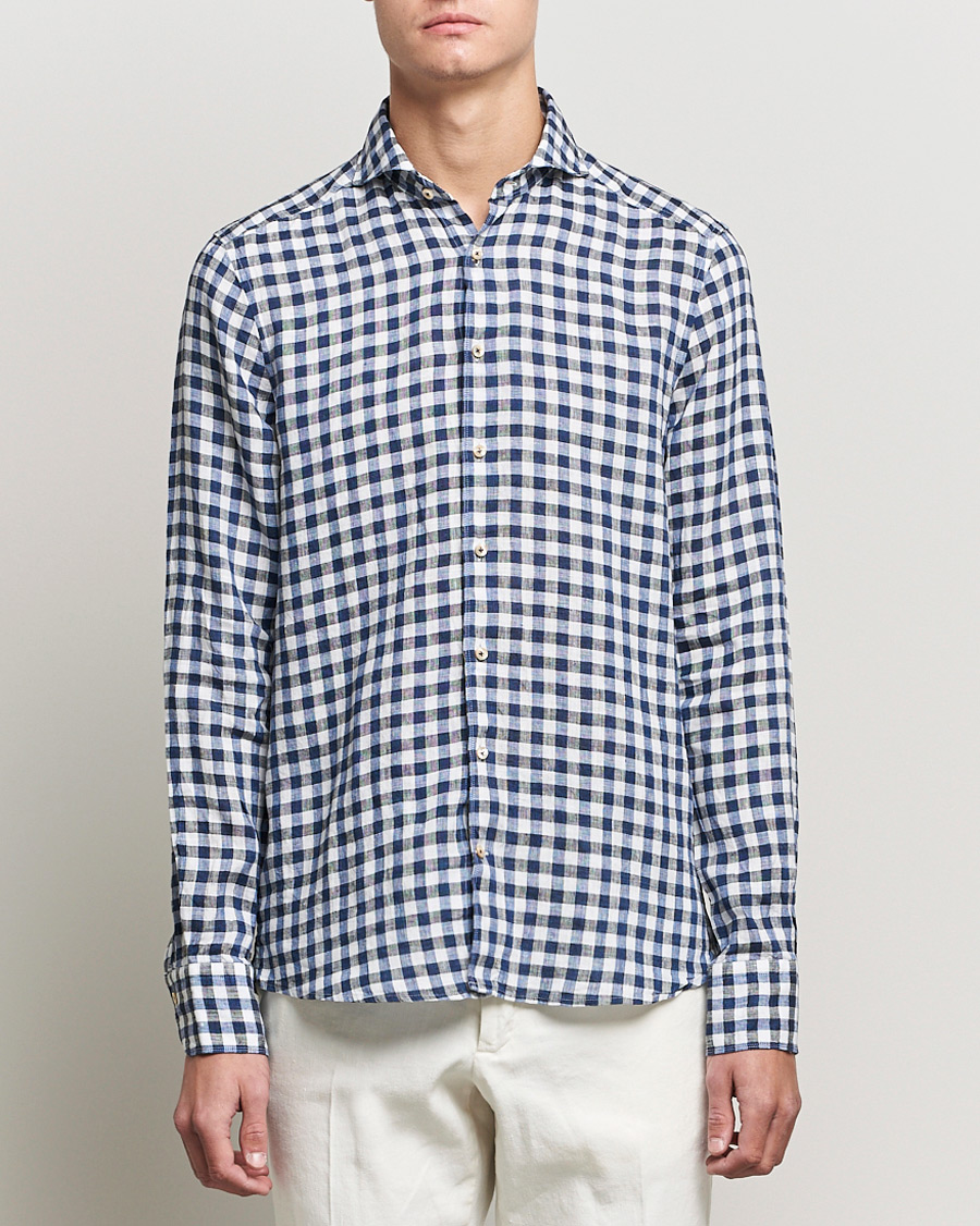 Heren | Overhemden | Stenströms | Slimline Cut Away Gingham Linen Shirt Blue