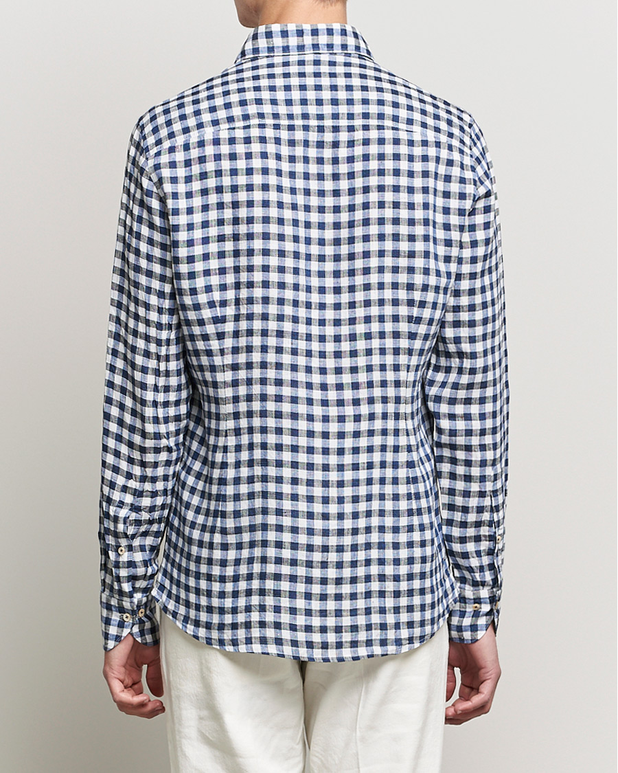 Heren | Overhemden | Stenströms | Slimline Cut Away Gingham Linen Shirt Blue