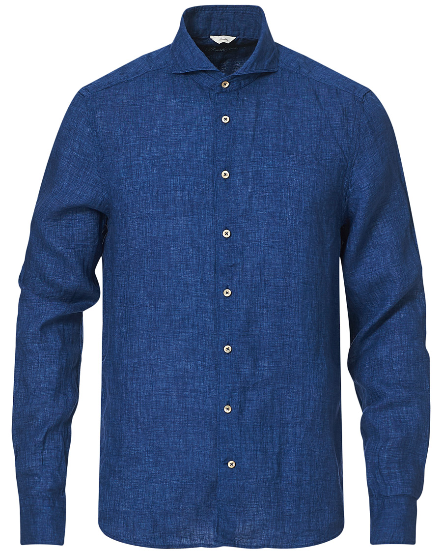 Heren | Overhemden | Stenströms | Slimline Cut Away Linen Shirt Dark Blue