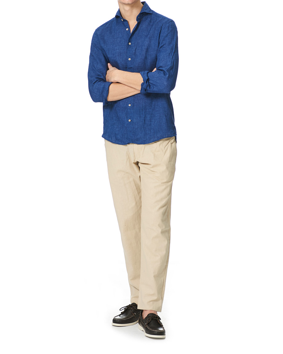 Heren | Overhemden | Stenströms | Slimline Cut Away Linen Shirt Dark Blue