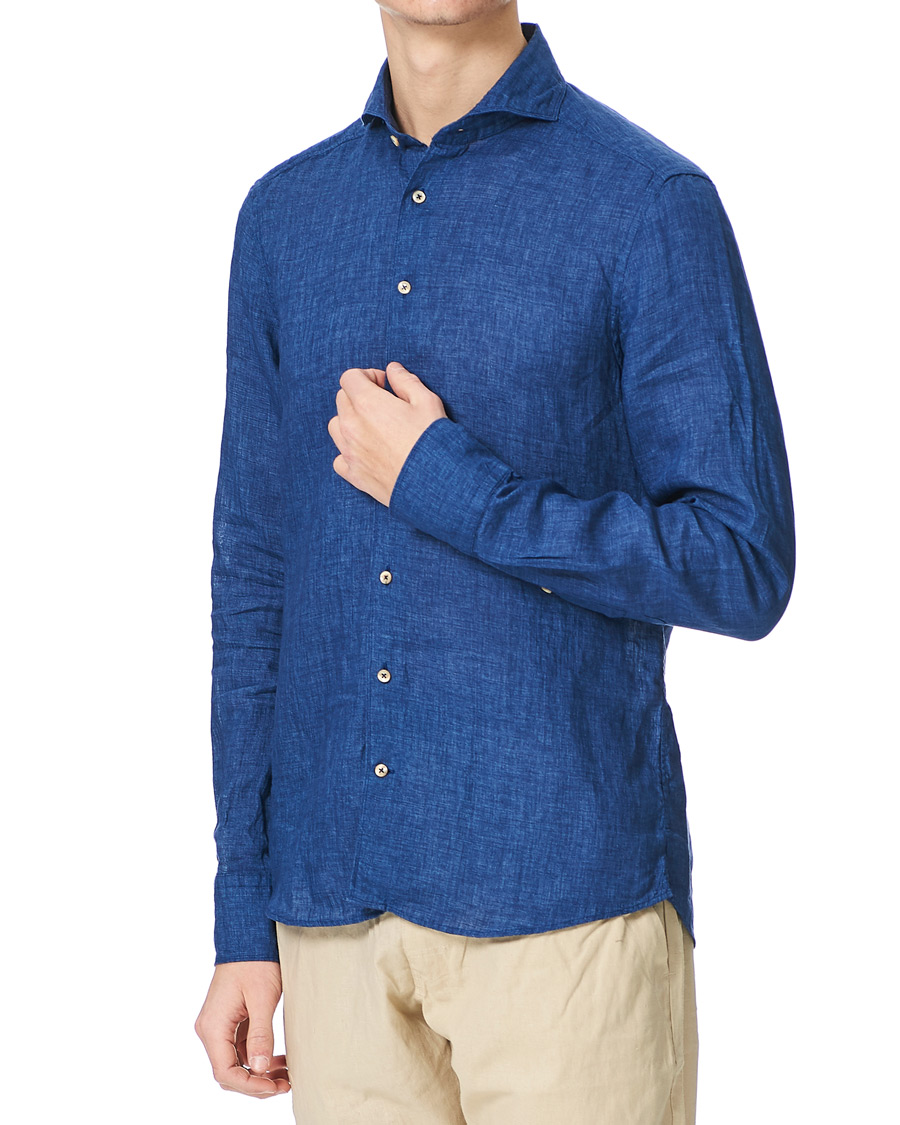 Heren | Overhemden | Stenströms | Slimline Cut Away Linen Shirt Dark Blue