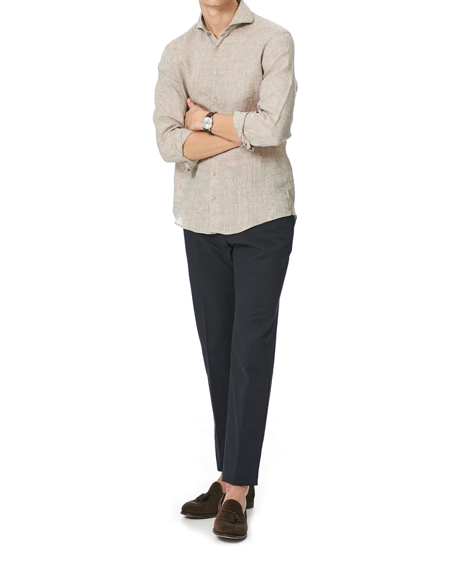 Heren | Overhemden | Stenströms | Slimline Cut Away Linen Shirt Taupe