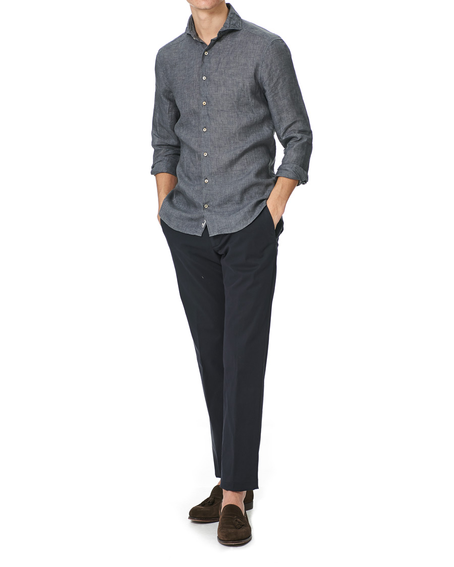 Heren | Overhemden | Stenströms | Slimline Cut Away Linen Shirt Dark Grey