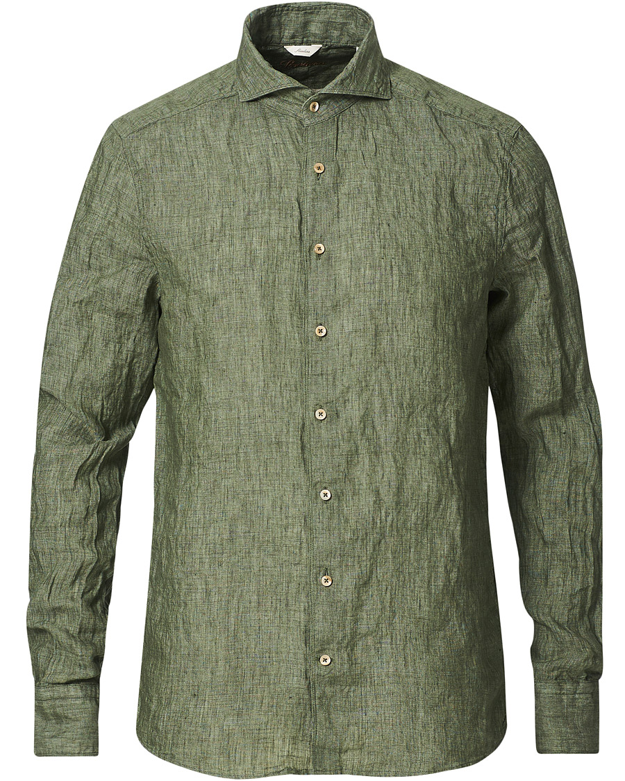 Heren | Overhemden | Stenströms | Slimline Cut Away Linen Shirt Olive