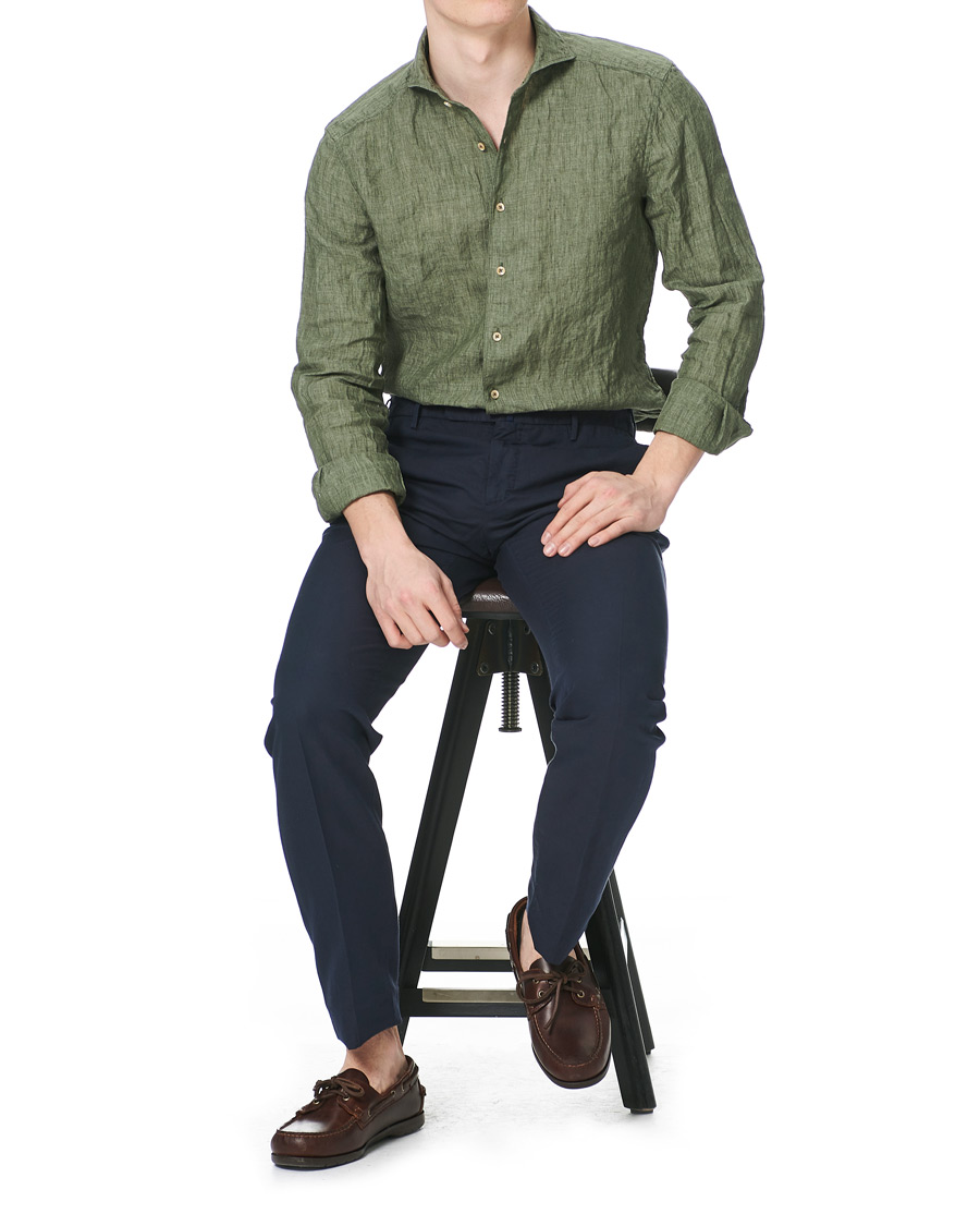 Heren | Overhemden | Stenströms | Slimline Cut Away Linen Shirt Olive