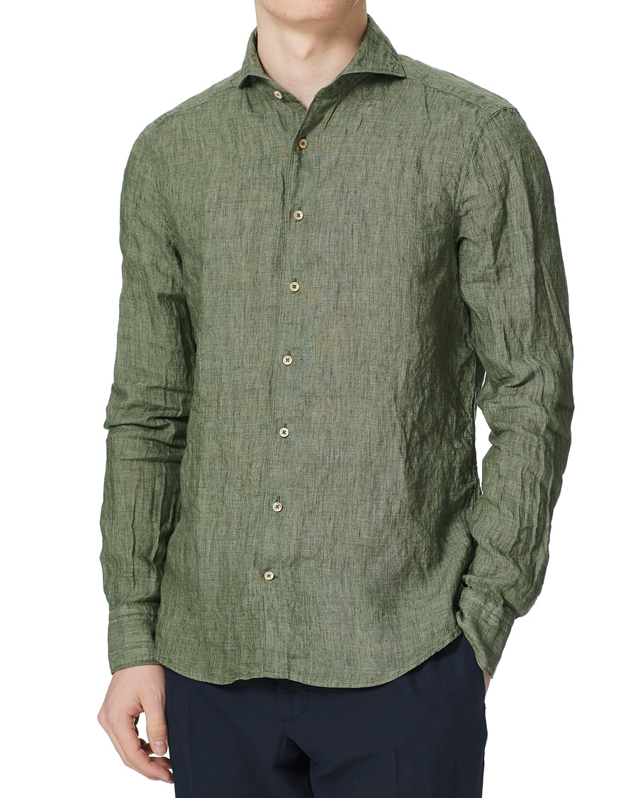 Heren | Overhemden | Stenströms | Slimline Cut Away Linen Shirt Olive