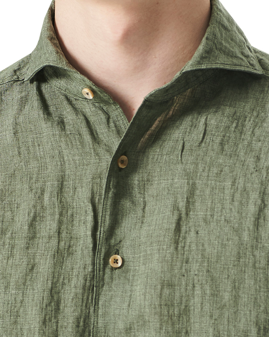 Heren | Overhemden | Stenströms | Slimline Cut Away Linen Shirt Olive