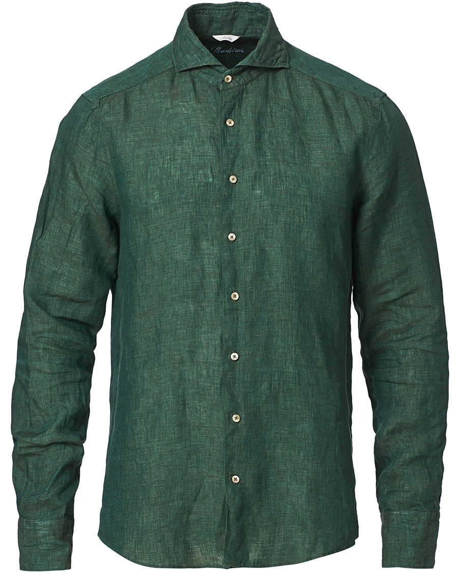 Heren | Overhemden | Stenströms | Slimline Cut Away Linen Shirt Dark Green