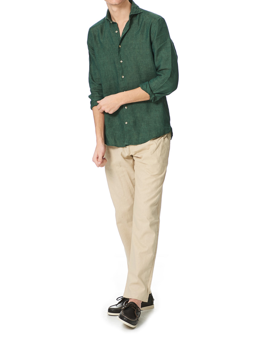 Heren | Overhemden | Stenströms | Slimline Cut Away Linen Shirt Dark Green