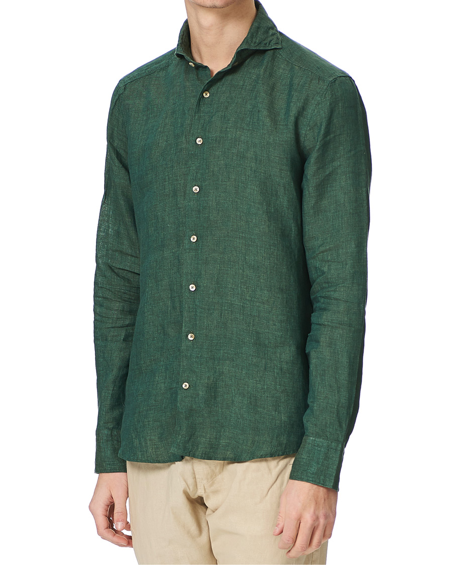 Heren | Overhemden | Stenströms | Slimline Cut Away Linen Shirt Dark Green