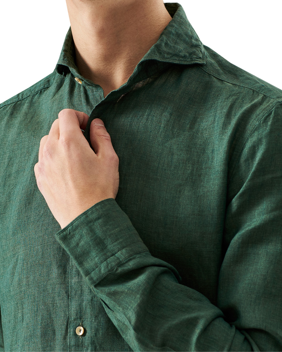 Heren | Overhemden | Stenströms | Slimline Cut Away Linen Shirt Dark Green