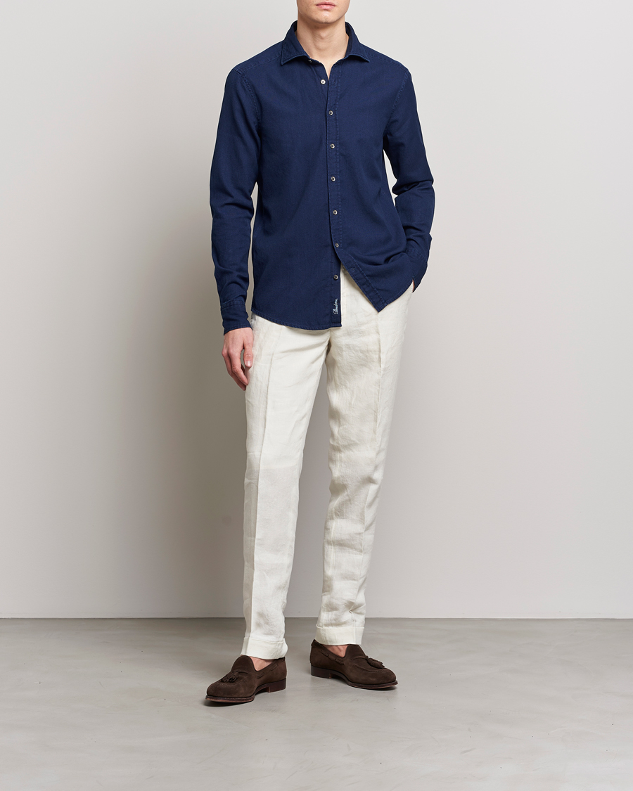 Heren | Overhemden | Stenströms | Slimline Washed Structured Denim Shirt Indigo Blue