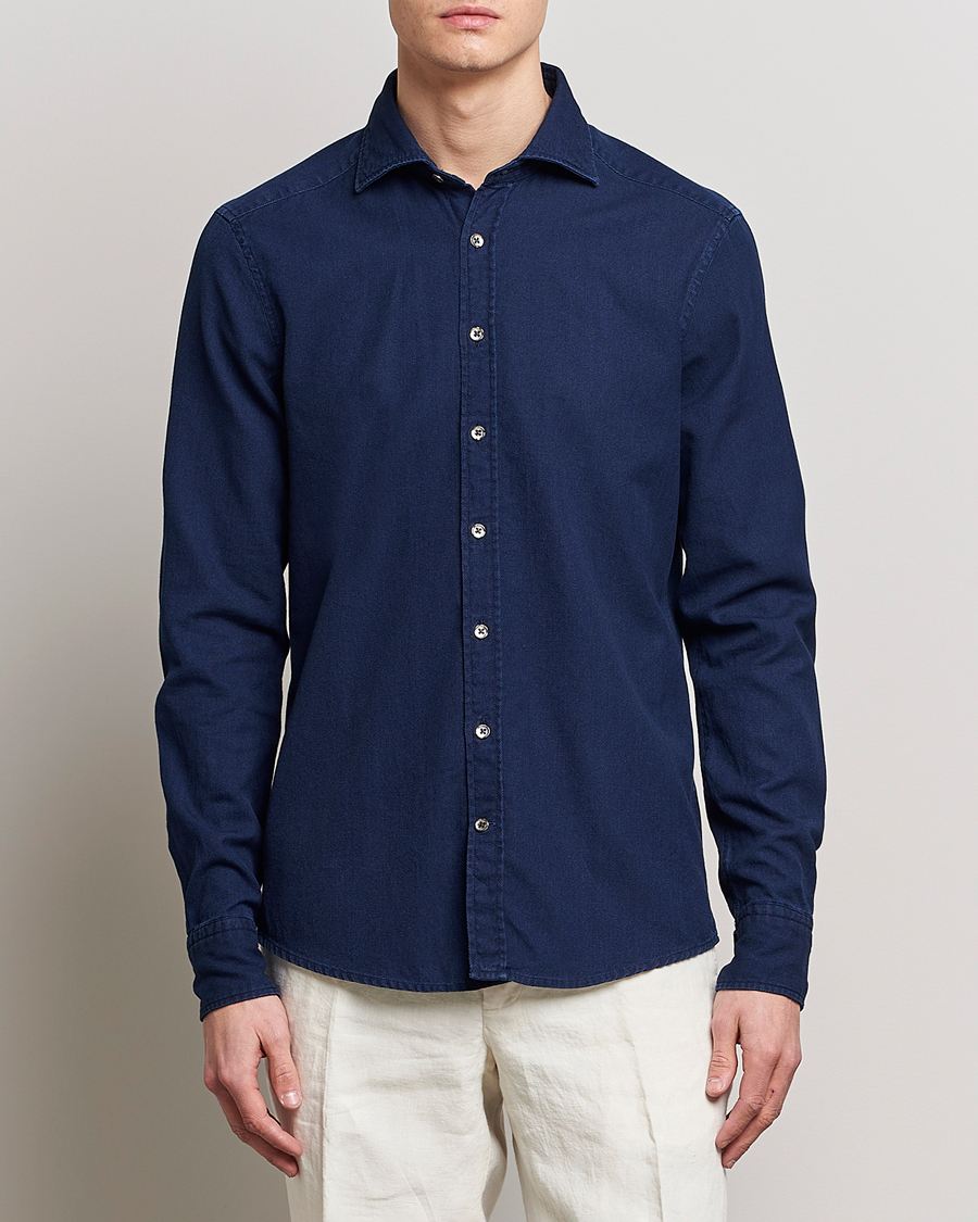 Heren |  | Stenströms | Slimline Washed Structured Denim Shirt Indigo Blue