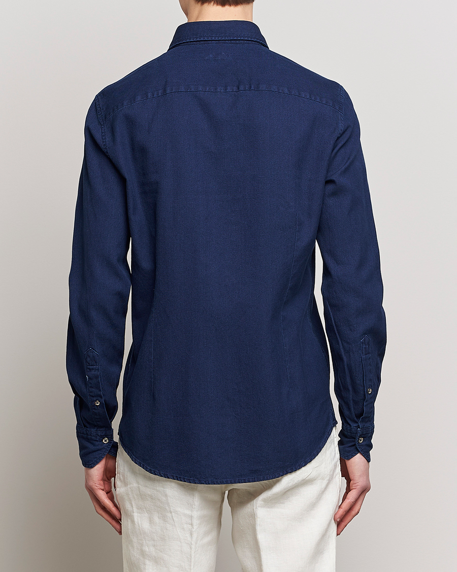 Heren | Overhemden | Stenströms | Slimline Washed Structured Denim Shirt Indigo Blue