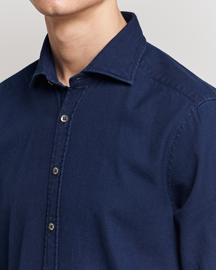 Heren | Overhemden | Stenströms | Slimline Washed Structured Denim Shirt Indigo Blue