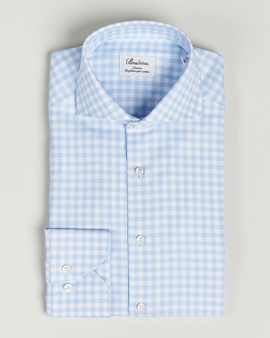 Heren | Overhemden | Stenströms | Slimline Checked Cut Away Shirt Light Blue