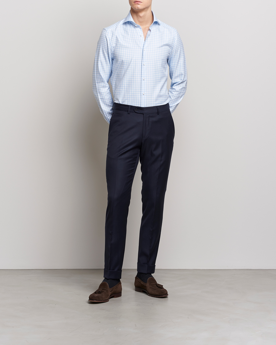 Heren | Overhemden | Stenströms | Slimline Checked Cut Away Shirt Light Blue