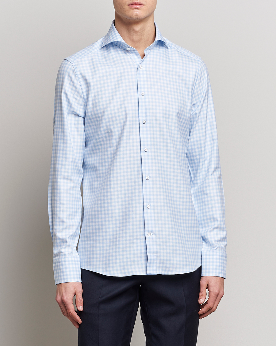 Heren | Overhemden | Stenströms | Slimline Checked Cut Away Shirt Light Blue
