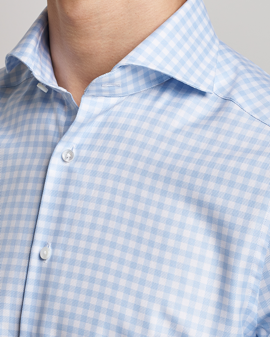 Heren | Overhemden | Stenströms | Slimline Checked Cut Away Shirt Light Blue