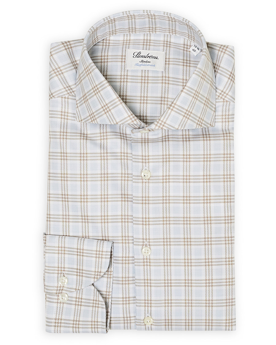 Heren | Overhemden | Stenströms | Slimline Multi Checked Cut Away Shirt Blue/Beige