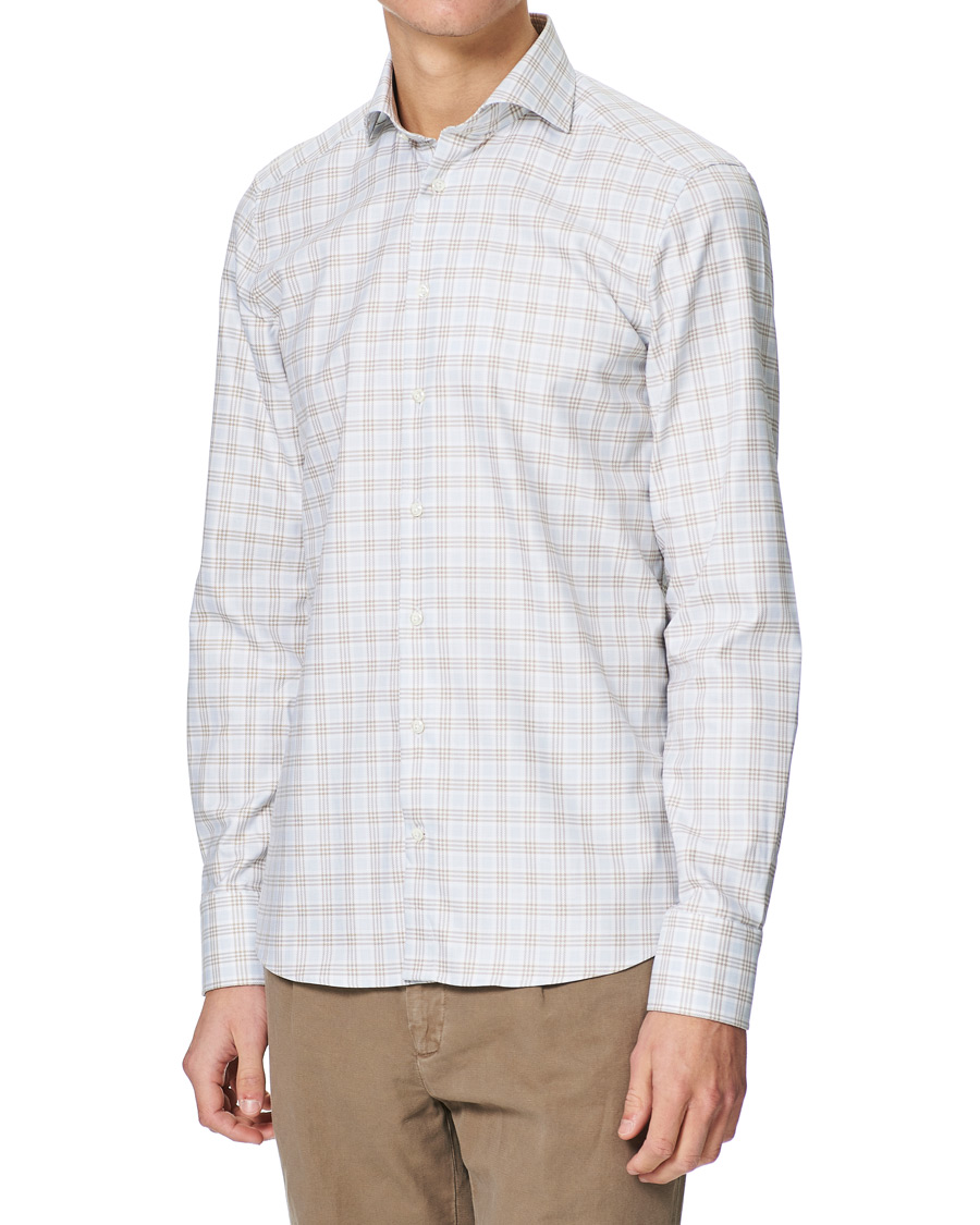Heren | Overhemden | Stenströms | Slimline Multi Checked Cut Away Shirt Blue/Beige