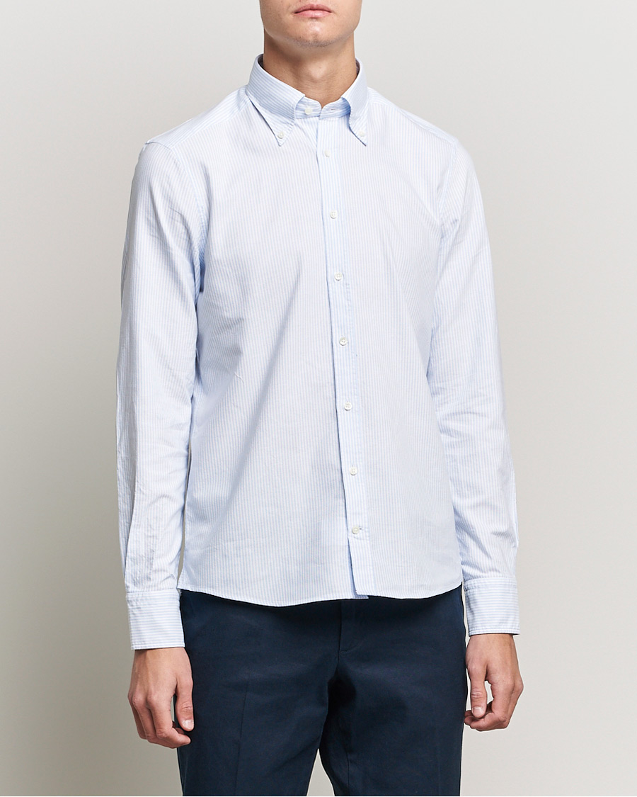 Heren | Oxford overhemden | Stenströms | Slimline Washed Striped Oxford Shirt Light Blue