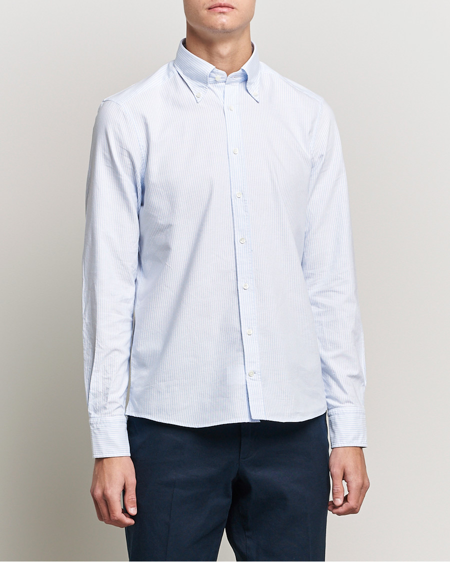 Heren |  | Stenströms | Slimline Washed Striped Oxford Shirt Light Blue