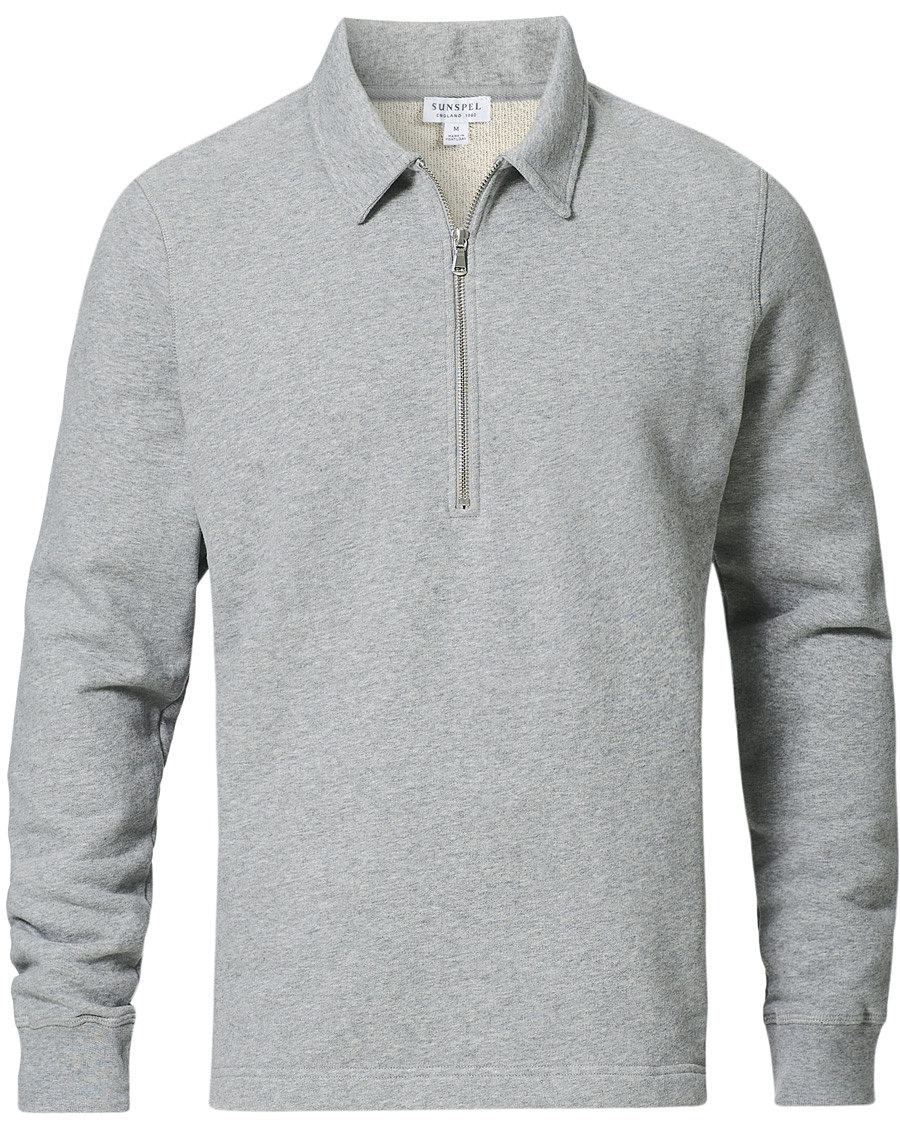 Heren | Truien | Sunspel | Zip Polo Sweatshirt Grey Melange