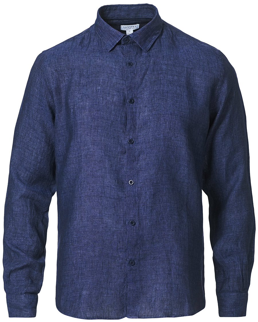 Heren | Overhemden | Sunspel | Linen Casual Shirt Navy Melange