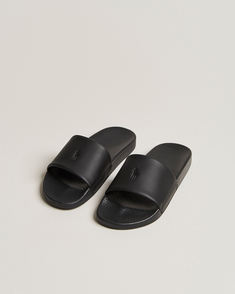 Heren | Polo Ralph Lauren Leather Logo Slides Black | Polo Ralph Lauren | Leather Logo Slides Black