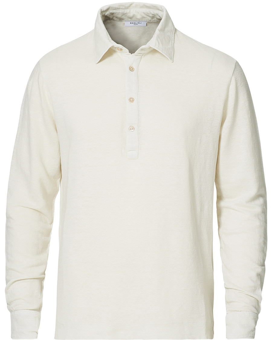 Heren | Truien | Boglioli | Washed Linen Long Sleeve Polo White