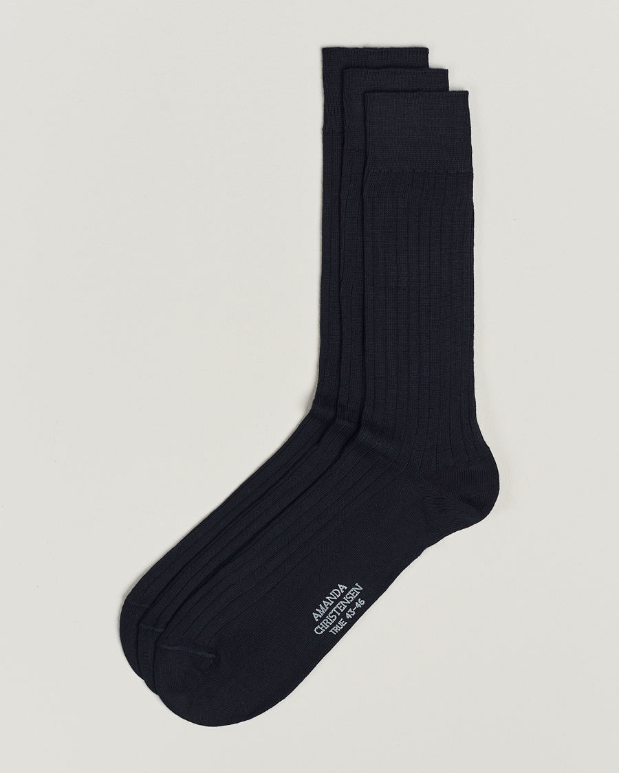 Heren | Ondergoed | Amanda Christensen | 3-Pack True Cotton Ribbed Socks Dark Navy