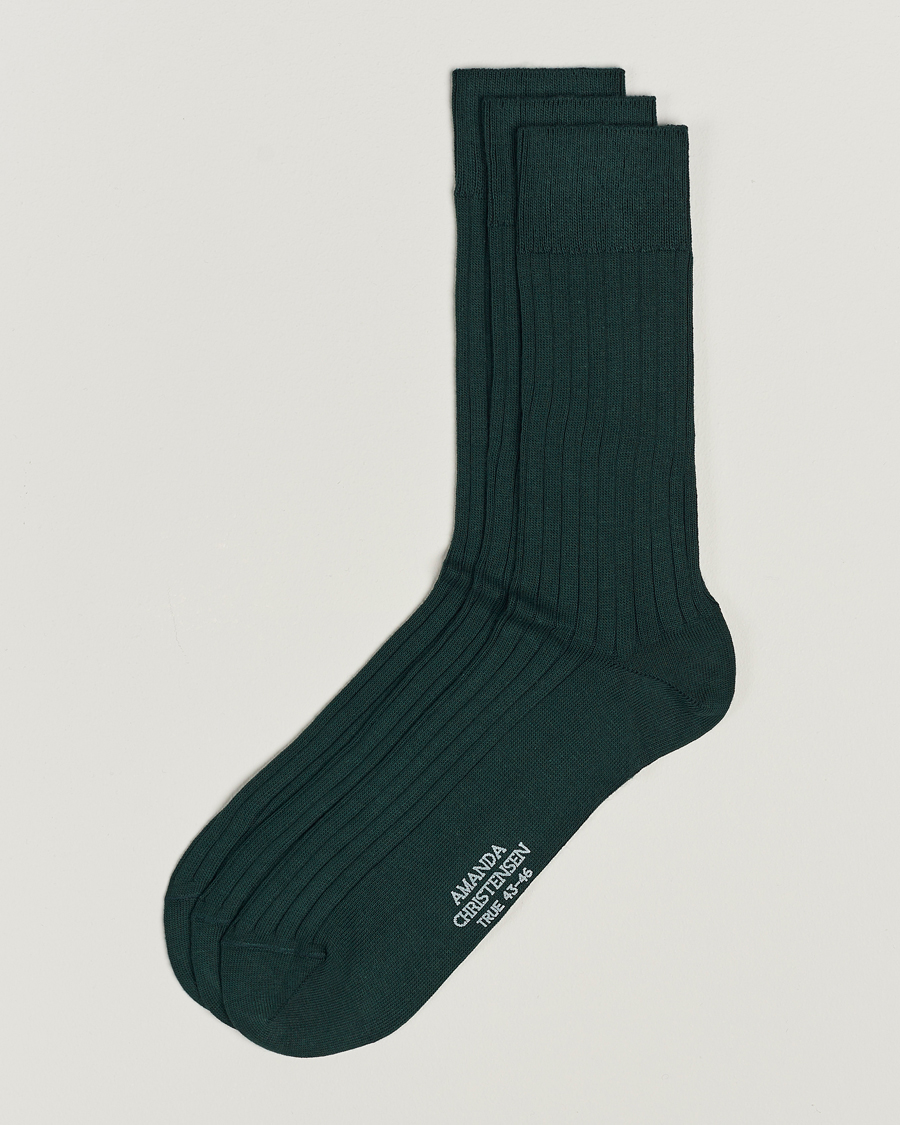 Heren | Ondergoed | Amanda Christensen | 3-Pack True Cotton Ribbed Socks Bottle Green
