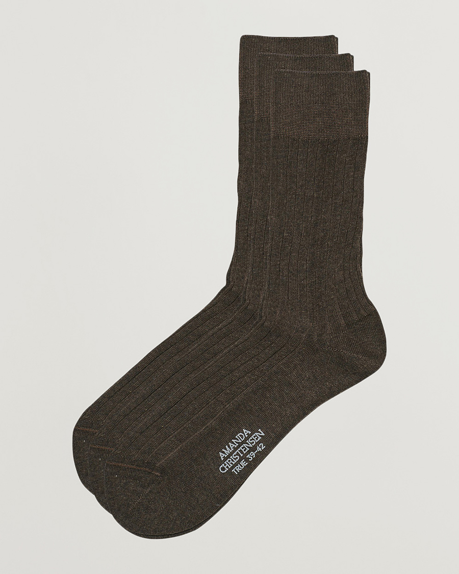 Heren | Ondergoed | Amanda Christensen | 3-Pack True Cotton Ribbed Socks Brown Melange
