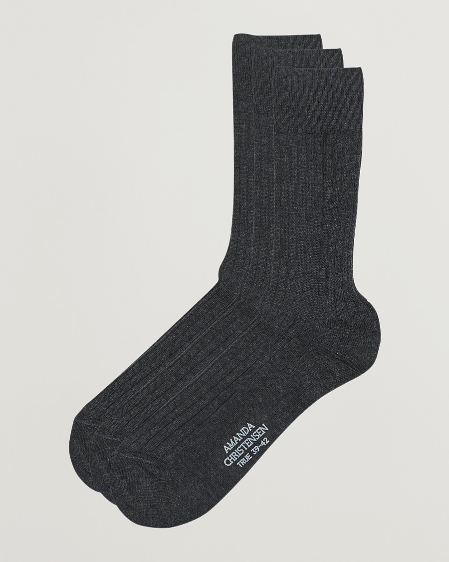 Heren | Ondergoed | Amanda Christensen | 3-Pack True Cotton Ribbed Socks Antracite Melange