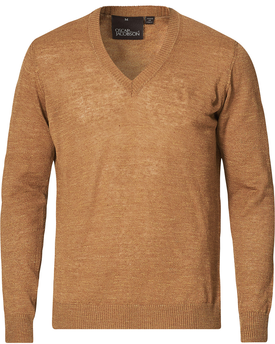 Heren | Truien | Oscar Jacobson | Lionel Linen/Cotton V-Neck Brown