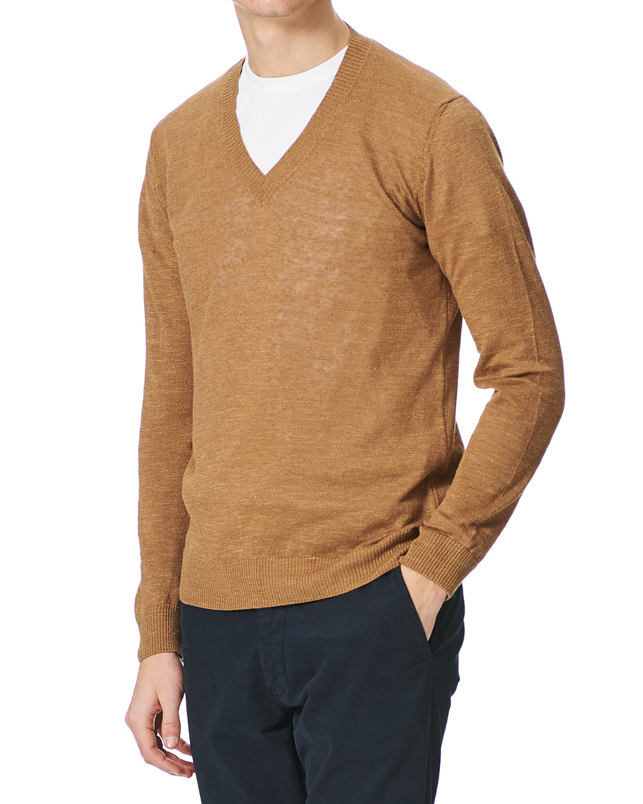 Heren | Truien | Oscar Jacobson | Lionel Linen/Cotton V-Neck Brown