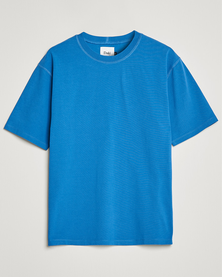 Heren | T-shirts | Drake's | Cotton Hiking Tee Blue