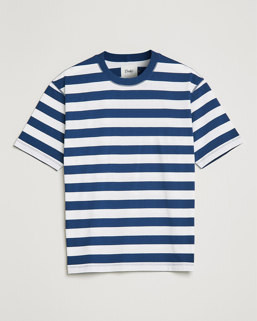 Heren | T-shirts | Drake's | Striped Cotton Hiking Tee White/Navy