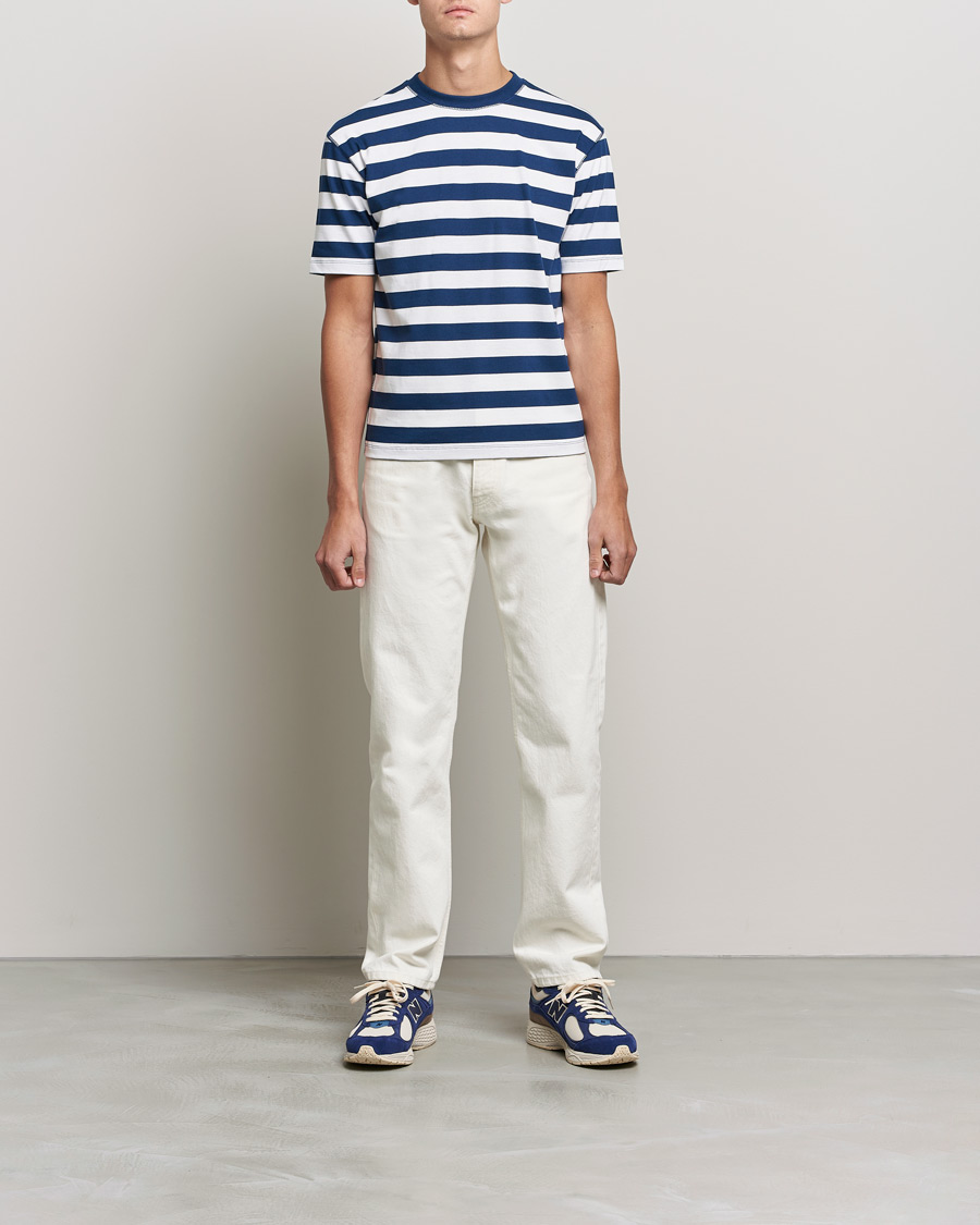 Heren | T-shirts | Drake's | Striped Cotton Hiking Tee White/Navy