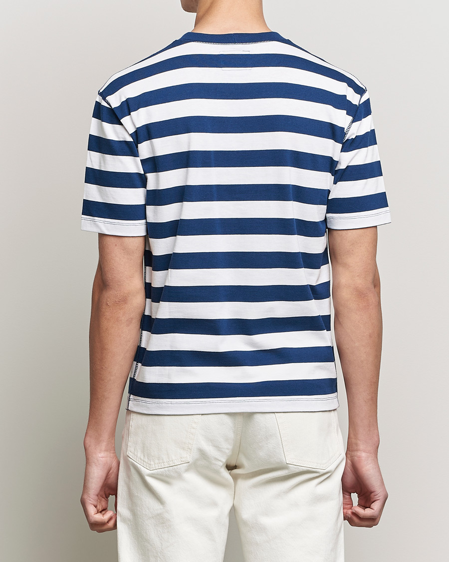 Heren | T-shirts | Drake's | Striped Cotton Hiking Tee White/Navy