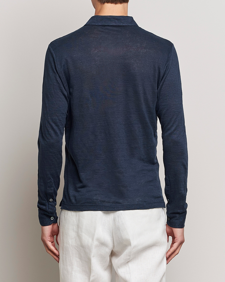 Heren | Polo's | Gran Sasso | Washed Linen Long Sleeve Polo Navy Melange
