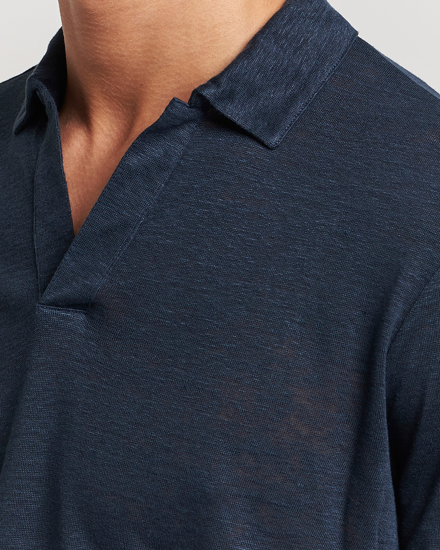 Heren | Polo's | Gran Sasso | Washed Linen Long Sleeve Polo Navy Melange