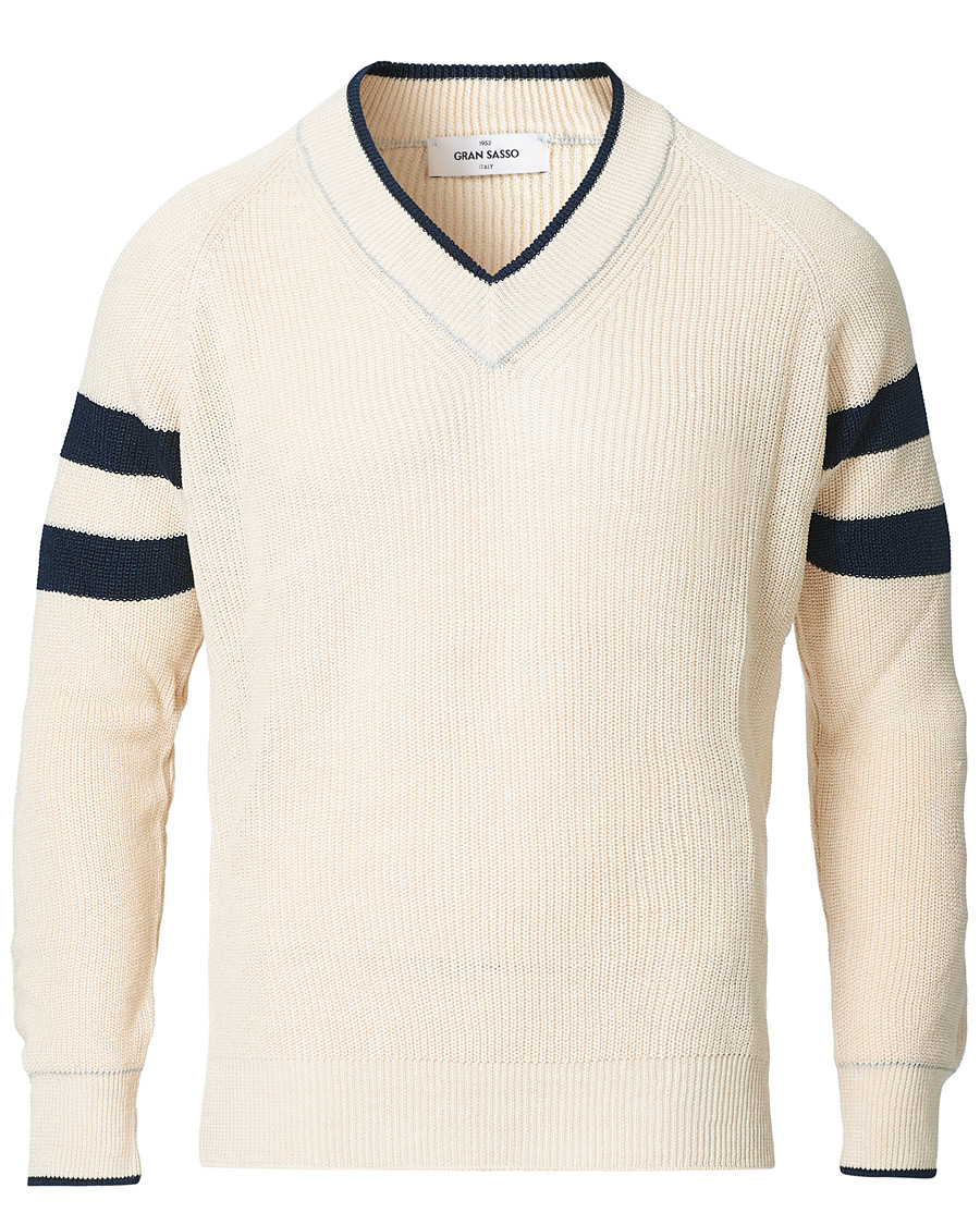 Heren | Truien | Gran Sasso | Linen/Cotton Cricket V-Neck Sweater White