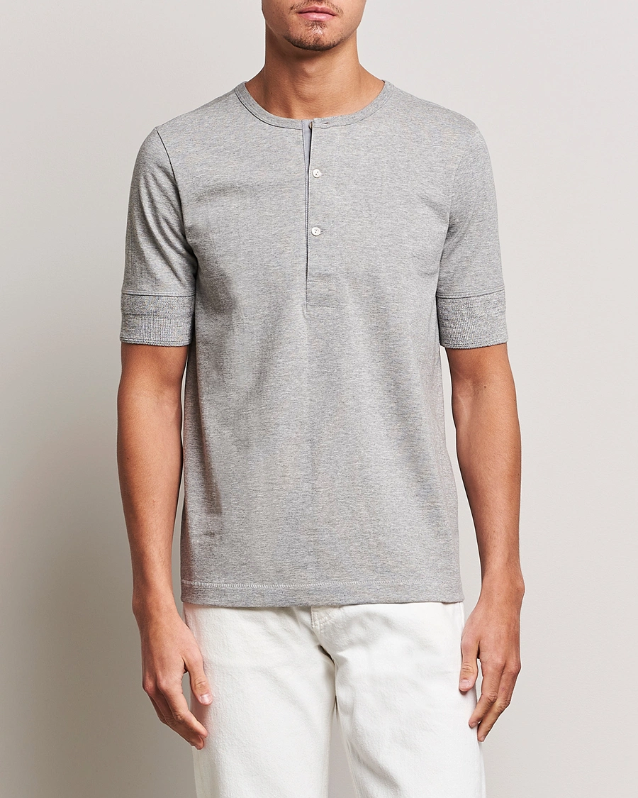 Heren | T-shirts | Merz b. Schwanen | Short Sleeve Organic Cotton Henley Grey Mel