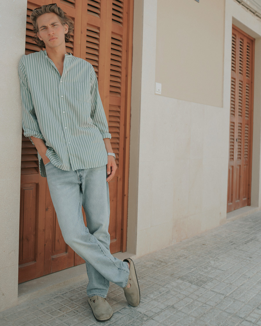 Heren | Overhemden | BEAMS PLUS | Band Collar Striped Shirt Green/White
