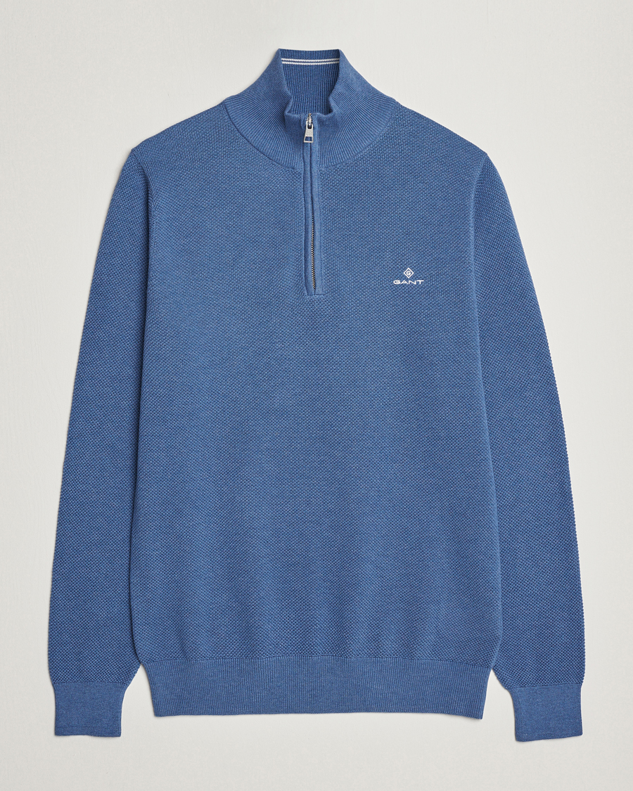 Heren | Truien | GANT | Cotton Pique Half-Zip Sweater Denim Blue Melange